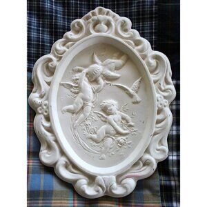 Vintage 1972 Cherubs Angels plaster wall decor Victorian birds relief medallion